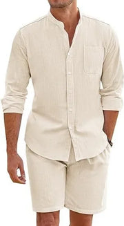 Men's cotton-linen two-piece set with button shirt and elastic waist shorts, ideal beachwear.