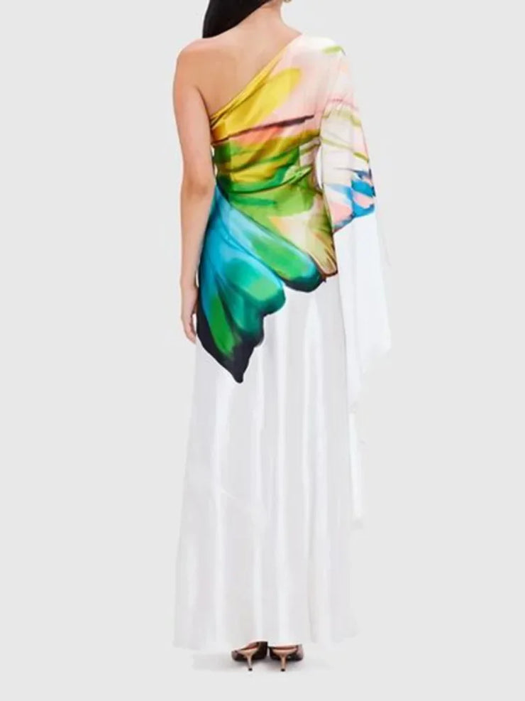 Women Flower Printed  One-shoulder High Waist A-line Elegant Dress