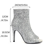 Women Thin High-Heeled Open Toe Zipper Golden Sequins Ankle Boots