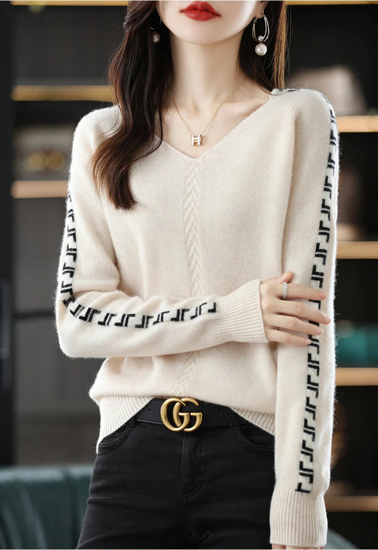 Women Pure Wool  V-Neck Stitching Long-Sleeved Autumn Winter Pullover Loose Knitted Cashmere Sweater