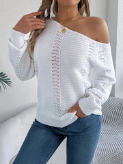 Autumn Winter Sexy Slanted Shoulder Sweater Woman Elegant Solid Color Loose Hollow Out Jumpers Casual Irregular Knitted Sweaters
