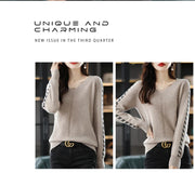 Women Pure Wool  V-Neck Stitching Long-Sleeved Autumn Winter Pullover Loose Knitted Cashmere Sweater