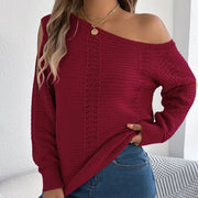 Autumn Winter Sexy Slanted Shoulder Sweater Woman Elegant Solid Color Loose Hollow Out Jumpers Casual Irregular Knitted Sweaters