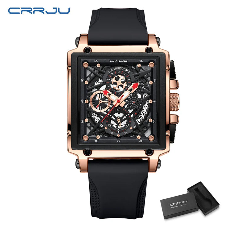 CRRJU Fashion Sports Watch Large Dial Unique Rectangular Hollow Design Quartz Wristwatch with Chronograph Auto Date Silicone Band