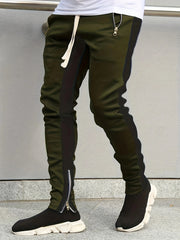 Men's Casual Color Block Zip Pocket Drawstring Sweatpants Skinny Sports Trousers Polyester Four Seasons Wear