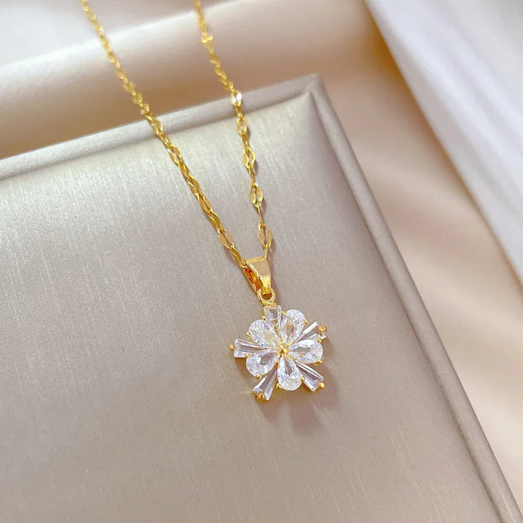 Stainless Steel Lovely White Crystal Flower Charm Necklace Earrings  Trendy Jewelry Set Gift