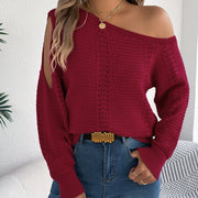 Autumn Winter Sexy Slanted Shoulder Sweater Woman Elegant Solid Color Loose Hollow Out Jumpers Casual Irregular Knitted Sweaters