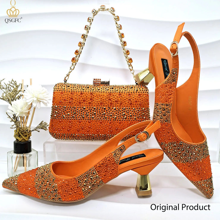 Nigerian Women Heel  Italian Design Shoes And Bag Set Decorated with Rhinestone