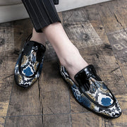 Men's British Trend Pointed Toe Tassel Patent Leather  Trendsetter Serpentine Pattern Dress Formal Shoes