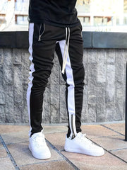 Men's Casual Color Block Zip Pocket Drawstring Sweatpants Skinny Sports Trousers Polyester Four Seasons Wear