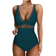 Women's Sexy Mesh Splicing Solid One-Piece Bikini Swimwear Wire-Free Support High-Waist Comfortable Fit