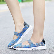 Women's Casual Elastic Band Weave Flats Non-Slip Comfort Loafers Slip-On Vulcanize Shoes Summer Season PU Upper