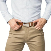 Men's genuine leather belt with alloy ratchet buckle, stylish geometric pattern, casual wear.