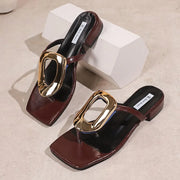 Summer Beach Luxury Flats Women's Sandals  Metal Flip Flops Slip-On Slides with Back Strap PU Insole Med Heel Wedges