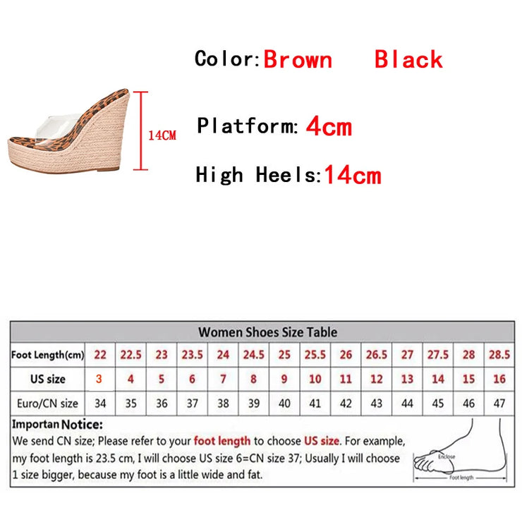 Women Leopard Grain Peep Toe  Platform High Heels Sandals Slip-On PVC Transparent Shoe