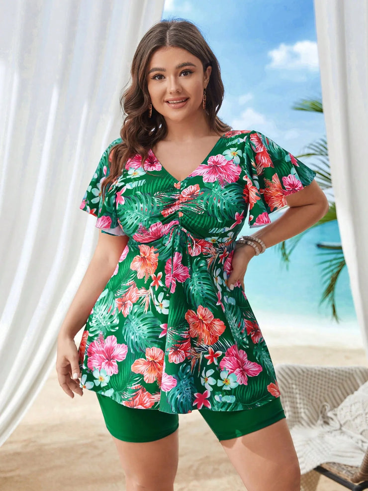 plus Size Printed Tankini Swimsuit High Waist Eye Catching  Comfortable Fit Floral Pattern
