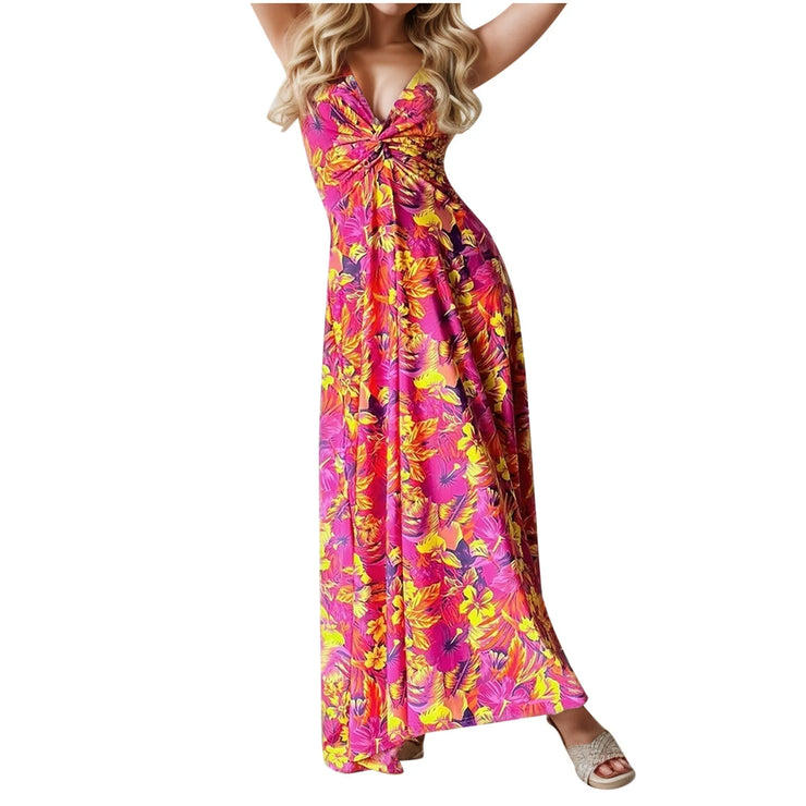 Neck Slim Sleeveless Maxi Floral Sexy Backless Hawaii Dresses