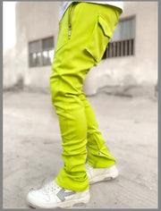 Men's Autumn Solid Color Sports Pants Stretch Slim Fit Cotton Zipper Pocket Drawstring Casual Running Fashion Trousers