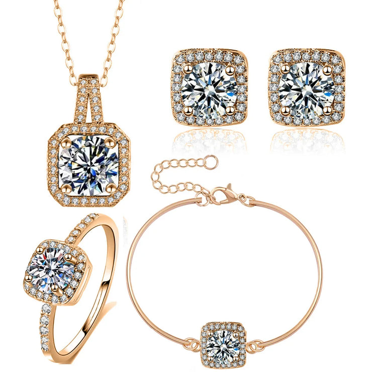 Gold-color premium stainless steel jewelry square zircon pendant 4-piece jewellry set for Bridal Wedding