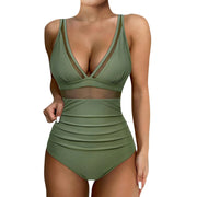 Women's Sexy Mesh Splicing Solid One-Piece Bikini Swimwear Wire-Free Support High-Waist Comfortable Fit