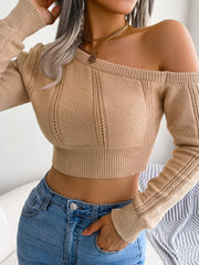 Women's Sexy Knitted One Shoulder Crop Top Long Sleeve Hollow out White Sweater Casual Slim Fit Pullover for Autumn Winter