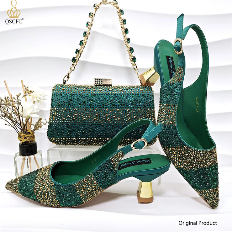 Nigerian Women Heel  Italian Design Shoes And Bag Set Decorated with Rhinestone