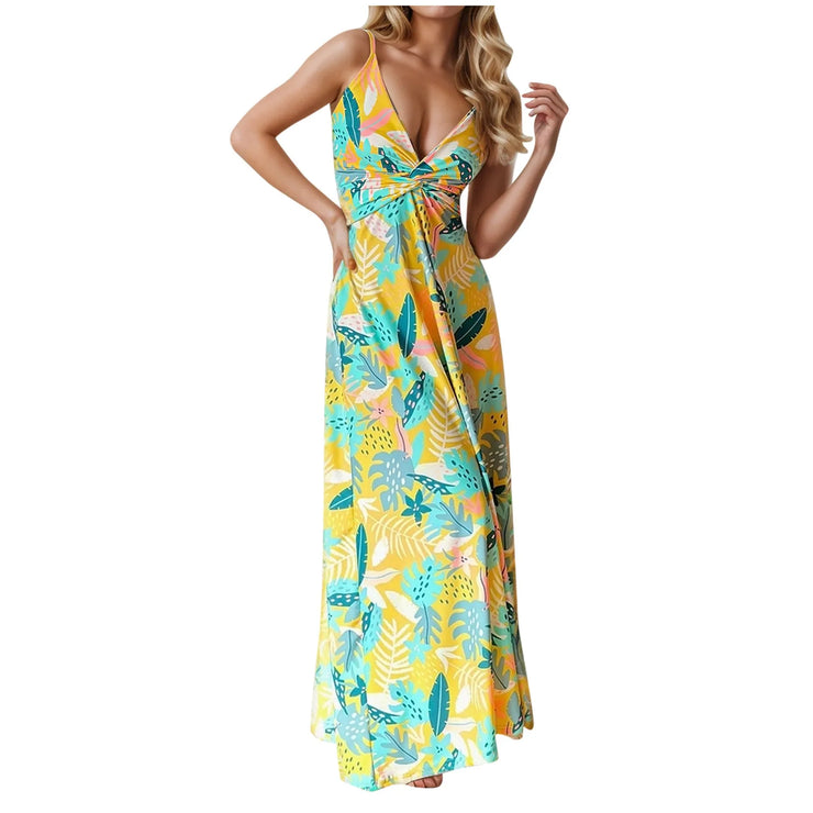 Neck Slim Sleeveless Maxi Floral Sexy Backless Hawaii Dresses