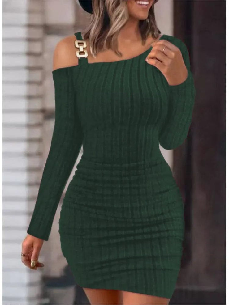 Women Sexy Chain Off Shoulder Bodycon  Mini Dress