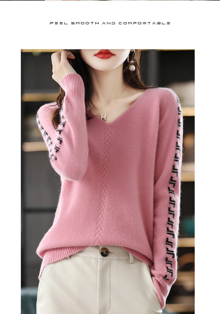 Women Pure Wool  V-Neck Stitching Long-Sleeved Autumn Winter Pullover Loose Knitted Cashmere Sweater