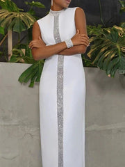Stylish Shiny Stand Collar Sleeveless Prom Party Dress Back-Split X-Shape Urban Trendy Ankle-Length Women's Slim Fit Dress