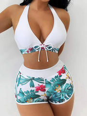 Women's Sporty Surfing Bikini Set Fashion Printed Lace-Up Swimsuit High-Waisted Beachwear Swimwear with Splice Details