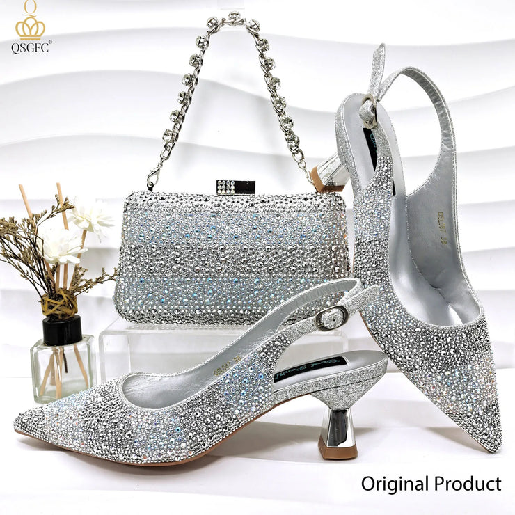 Nigerian Women Heel  Italian Design Shoes And Bag Set Decorated with Rhinestone