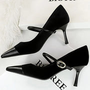 Korean Velvet High Heels Women's Pumps 10cm 7cm Thin Heel Pointed Toe Metal Buckle Shallow Montage Party Shoes