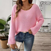 Women's Off-The-Shoulder Flare Sleeve Sweater Loose Fit Pullover Top European American Style Solid Knit