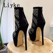 Women  Sexy Peep Toe Platform Boots Crystal Rhinestone Mesh Ankle Booties Extreme High Heels