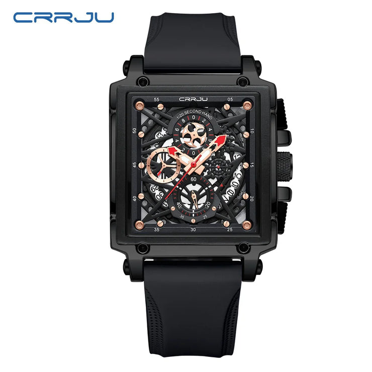 CRRJU Fashion Sports Watch Large Dial Unique Rectangular Hollow Design Quartz Wristwatch with Chronograph Auto Date Silicone Band