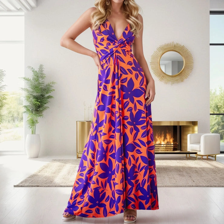 Neck Slim Sleeveless Maxi Floral Sexy Backless Hawaii Dresses