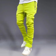 Men's Autumn Solid Color Sports Pants Stretch Slim Fit Cotton Zipper Pocket Drawstring Casual Running Fashion Trousers