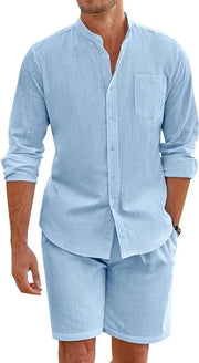 Men's cotton-linen two-piece set with button shirt and elastic waist shorts, perfect for casual beachwear.