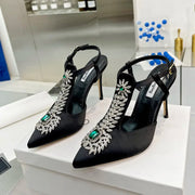 Ladies Rhinestone Pointed Toe Stiletto High Heels Satin Gemstone Ankle-Wrap Buckle Strap  Fairy Pump
