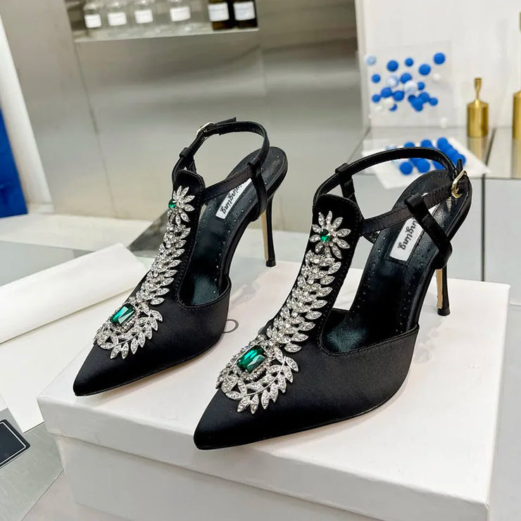 Ladies Rhinestone Pointed Toe Stiletto High Heels Satin Gemstone Ankle-Wrap Buckle Strap  Fairy Pump