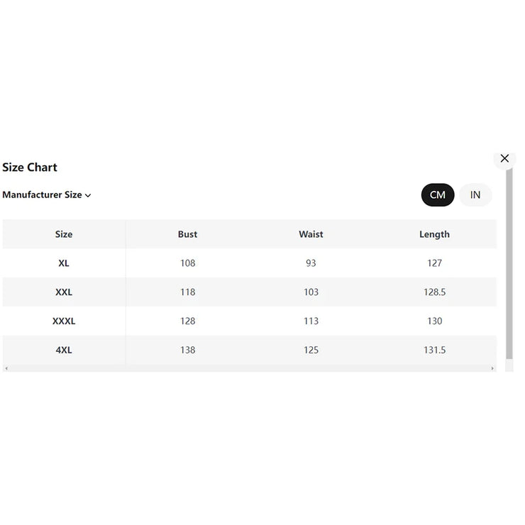 Size chart for summer white plus size dress, featuring measurements for XL to 4XL.