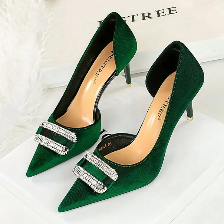 Elegant Velvet Pumps for Women with Crystal Buckle Side Hollow Design Thin Heel Pointed Toe High Heels 7cm Fashion Party Shoes