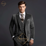 Classic Elegance Men's Grey Velvet 3-Piece Custom Suit Timeless Style for Every Occasion. Size US46/ EU56