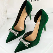 Women's Vintage Velvet Pumps 10.5cm High Heels Shallow Pointed Toe with Crystal Buckle for Banquet