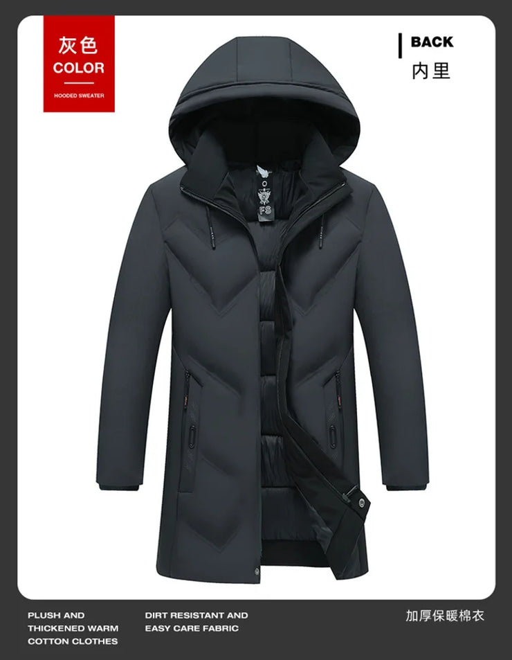 Men Long Parkas Coat Solid Slim Fit Warm Thicken Jacket. Outwear Windproof Coat Hooded Cotton-padded Zipper