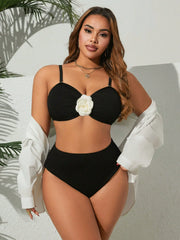 plus Size Women's Black Tummy Control Bikini Set Summer Sexy Two-Piece Beach Bathing Suit Swimwear for Confident Silhouette