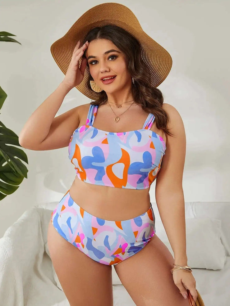 plus Size Split Swimsuit High Waisted Gathered Tight Fitting Summer Essential Bikini Eye Catching Vibe Comfortable Polyester