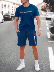Men's Urban Street Fashion Crew Neck Short Sleeve Suit in Blue