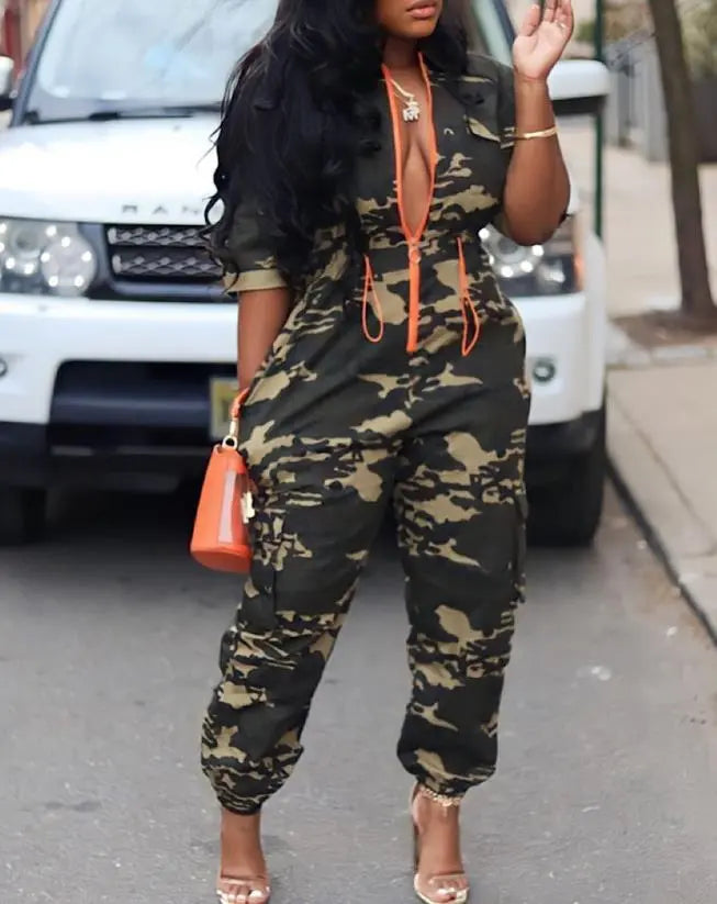 Women   Camouflage Print Zipper Pocket Design  Jumpsuit